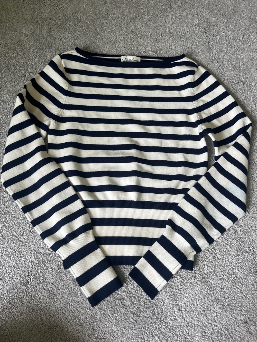 L'Academie Navy and White Striped Off-the-Shoulder Sweater